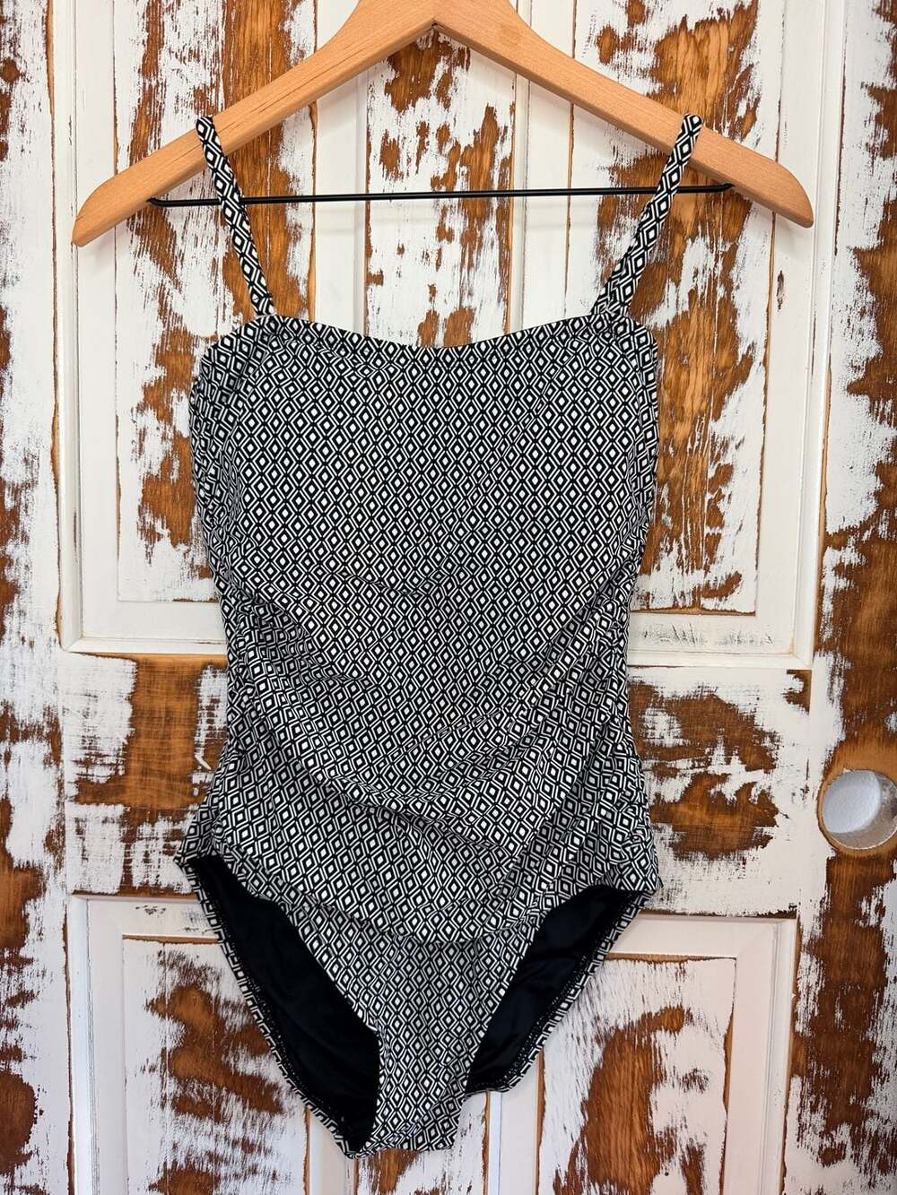 DKNY One Piece Swimsuit Ruched Size Small Black White Geometric Print